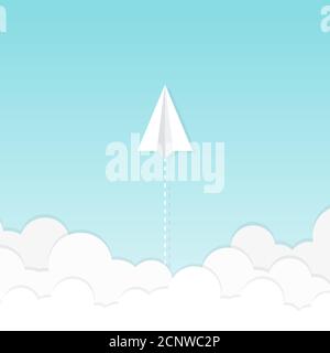 Paper plane flying in the sky with clouds. Concept of leadership, innovation, change, disruption. Vector illustration, flat design Stock Vector