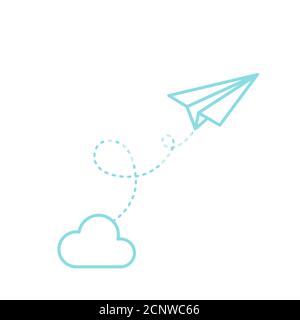 Paper plane flying and cloud. Turquoise outline. Vector illustration, flat design Stock Vector