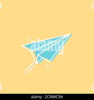 Paper plane flying with contrail. Turquoise sign on yellow background. Concept of creativity, delivery, sending, message. Vector illustration, flat de Stock Vector