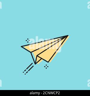 Paper plane flying with contrail. Yellow sign on turquoise background. Concept of creativity, delivery, sending, message. Vector illustration, flat de Stock Vector