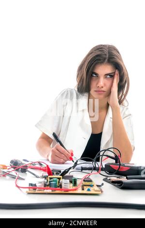 Woman Repairing Computer Part, Problems Concept, Service Center Problems. Electronics Repair Service. Stock Photo