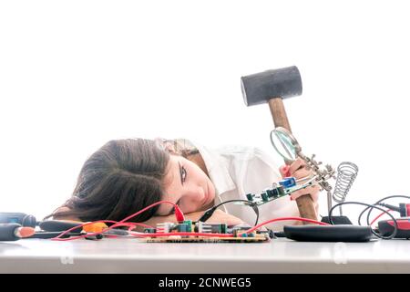 Woman Repairing Computer Part, Problems Concept, Service Center Problems. Electronics Repair Service. Stock Photo