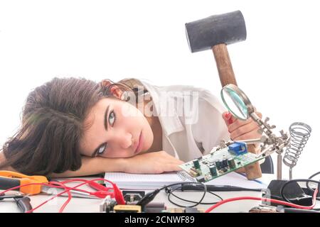 Woman Repairing Computer Part, Problems Concept, Service Center Problems. Electronics Repair Service. Stock Photo