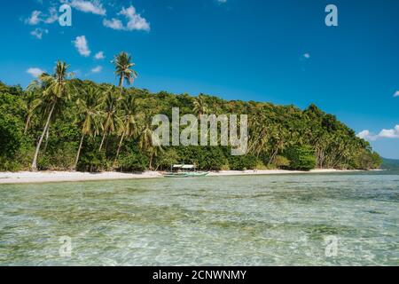 tourist boat at tropical secluded sandy beach with coconut palm trees in El Nido, Palawan, Philippines.