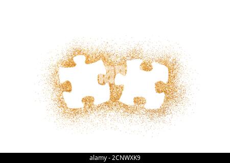 Pair of two matching puzzle pieces on golden glitter isolated on white background Stock Photo