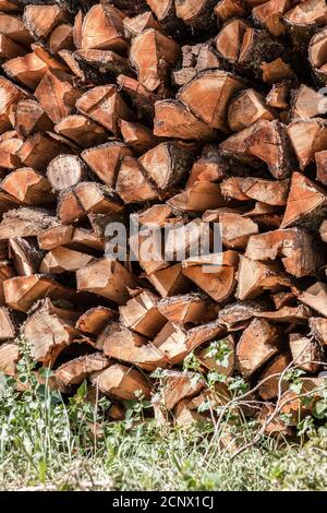 Woodpile of firewood to heat the house in cold times