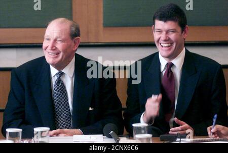 Australian tycoon Kerry Packer his son James laugh during a news conference in Bombay, March 27 organised to announce the launch of KVP Ventures, a venture capital fund. KVP Ventures, launched with partners Ketan Parekh and Vinay Maloo, with an initial capital of $250 million will focus on investing in Information Technology software, Internet, e-commerce, media and entertainment and telecommunications.  SK/CC