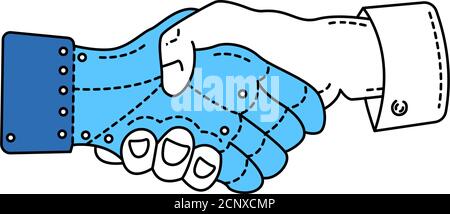 Shaking hands of artificial hand and real color line icon. Pictogram for web page, mobile app, promo. Human and robot. Editable stroke. Stock Vector