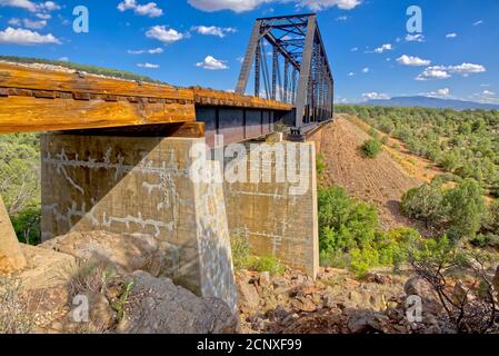 Closeup of an old railroad trestle bridge spanning Bear Canyon near Perkinsville Arizona in the Prescott National Forest. Stock Photo