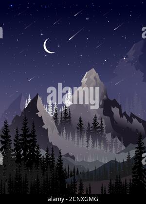 Vertical winter landscape of starry night with forest pine tree,crescent moon,shining star and comet falling over behind mountain,Vector Winter night Stock Vector