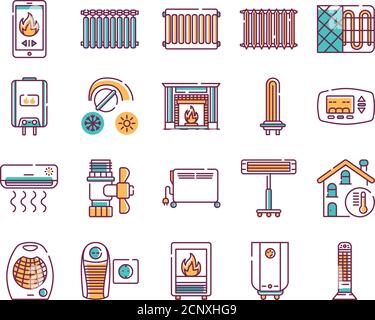 Heating devices color line icons set. A central heating system provides warmth to the whole building. Pictogram for web page, mobile app, promo. UI UX Stock Vector