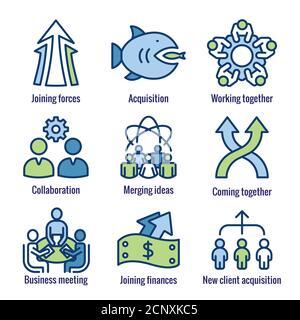 Companies merging together, one buying out the other & icon set banner Stock Vector