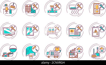 Handyman services color line icons set. Include repair work, maintenance work, are both interior and exterior. Handyman services. Pictogram for web Stock Vector