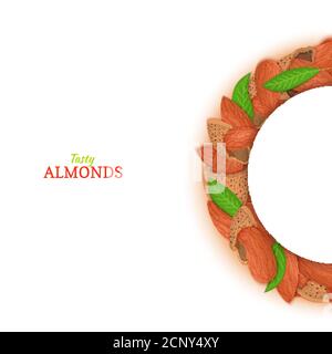 Semicircle frame composed of almond nut. Vector card illustration. Stock Vector
