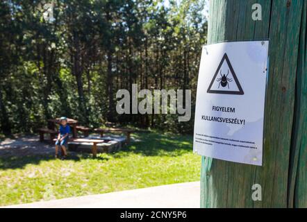 Ticks warning sign on wooden post in forest, Sopron, Hungary Stock Photo