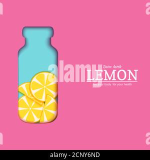 Papercut bottle with slice citrus lemon fruit. Vector card llustration. Stock Vector