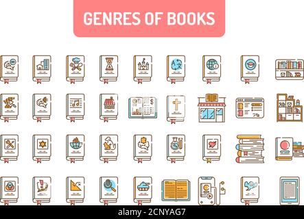 Genres of books color line icons set. Collection of all genres in literature. Pictogram for web page, mobile app, promo. UI UX GUI design element Stock Vector