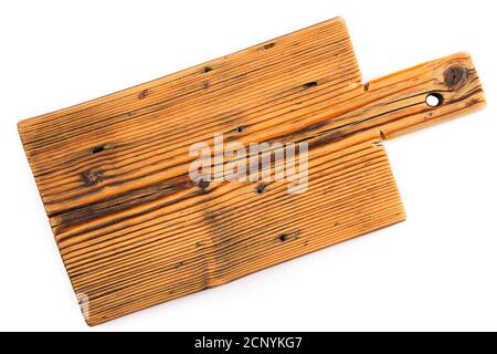 Vintage kitchen board for cooking on a white background, top view Stock Photo