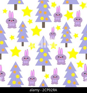 Christmas and New Year seamless pattern with rabbits and Christmas Trees. Vector holiday background for fabric, wallpaper or wrapping paper Stock Vector