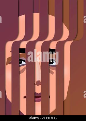 Jail time could be the point of this 3-D illustration of a face behind curving bars or ribbons of color. Stock Photo