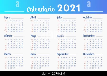 Calendar 2021 template in Spanish. 12 months. Sundays are highlighted in red. Vector editable template. Horizontal poster, banner, web. Stock Vector