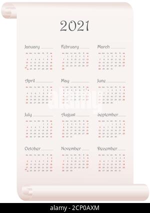 Calendar 2021 template. 12 months on vertical parchment isolated on white. Week starts on Sunday. Vector editable calendar design. Stock Vector