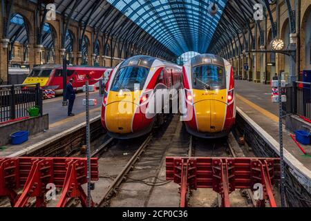 LNER Azuma Trains at London's Kings Cross Station - the Hitachi Azuma trains entered service on the East Coast Main Line in 2019. Stock Photo