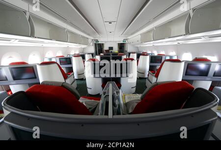The business class cabin of an Airbus A350-900 of Ethiopian Airlines is photographed during a site-inspection at Fraport airport in Frankfurt, Germany, May 22, 2017.  REUTERS/Kai Pfaffenbach