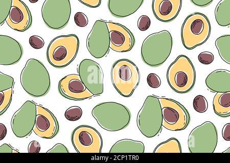 Avocado seamless pattern. Cartoon Hand draw avocado vector illustration on isolated white background Stock Vector