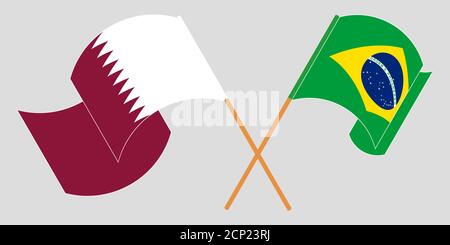 Crossed and waving flags of Brazil and Qatar. Vector illustration Stock Vector