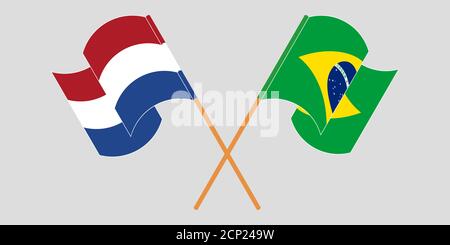 Crossed and waving flags of Brazil and Netherlands. Vector illustration Stock Vector