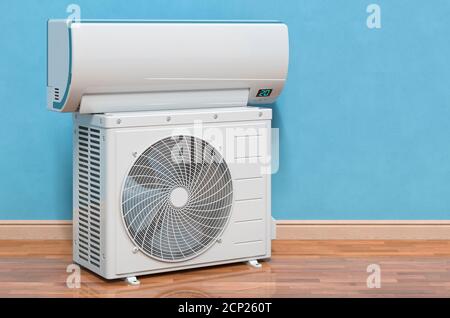 Air conditioner, indoor wall and outdoor compressor units in room on the wall. 3D rendering Stock Photo