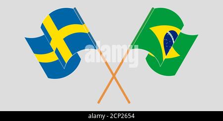 Crossed and waving flags of Brazil and Sweden. Vector illustration Stock Vector