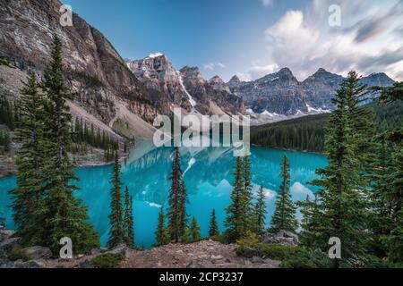 Moraine Lake and Valley of the Ten Peaks at dusk in Banff National Park, Alberta, Canada.