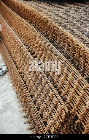 Vertical shot of steel reinforcement for concrete Stock Photo