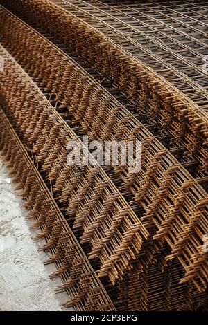 Vertical shot of steel reinforcement for concrete Stock Photo