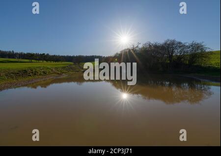 Lake, evening, sun, spring, Großheubach, Spessart, Bavaria, Germany Stock Photo