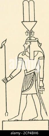 . A guide to the third and fourth Egyptian rooms : predynastic antiquites, mummied birds and animals, portrait statues, figures of gods, tools, implements and weapons, scarabs, amulets, jewellery, and other objects connected with the funeral rites of the ancient Egyptians . Ptah-Tanen. Sekhet. No. 18. Fine bronze figure of Nefer-Atmu wearing alotus flower, symbol of the sun, on his head ; above it are the two solar feathers, and on each side is a mendt symbol of generation (?). In his right hand he holds ascimitar, which has reference to his destroying power as agod of nature. [No. 22,921.] i Stock Photo