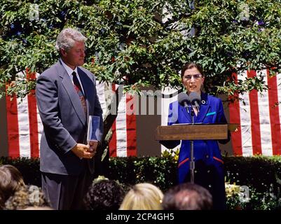 ***FILE PHOTO*** Ruth Bader Ginsburg Has Passed Away At 87. Judge Ruth Bader Ginsburg of the United States Court of Appeals for the District of Columbia makes remarks at the ceremony where US President Bill Clinton nominated her to be Associate Justice of the Supreme Court in the Rose Garden of the White House in Washington, DC on June 14, 1993. If confirmed, Judge Ginsburg will replace Associate Justice Byron R. White. Credit: Ron Sachs/CNP /MediaPunch Credit: MediaPunch Inc/Alamy Live News Stock Photo
