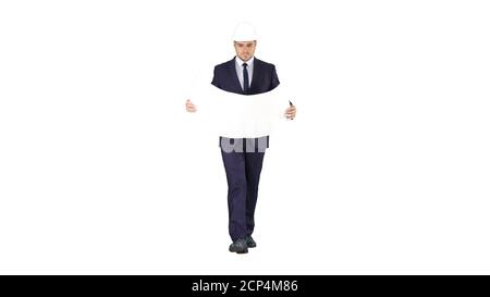 Professional architect is walking and holding blueprint The man is wearing helmet on white background. Stock Photo