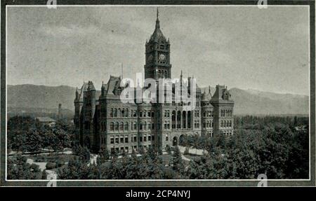 . A glimpse of Utah, its resources, attraction and natural wonders /by Edward F. Colborn . Salt Lakes New Skyscraper District. A GLIMPSE O F UTAH page eighteen As a business place there is nothing to compare with it in anydirection for six hundred miles. It is the beating business heartof an empire; a great railroad center, with that greatness but halfachieved; the largest smelting center by far in the world, and themiddle of a productive and rapidly developing area that takes inthe best part of the mining lands of the United States.. City and County Building, Salt Lake City. Whatever other ci Stock Photo