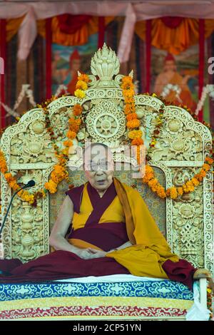 the Nubra Valley with the village of Sumur, the Dalai Lama visiting the Samtanling Gompa monastery Stock Photo