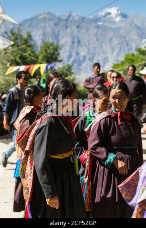 the Nubra Valley with the village of Sumur, the Dalai Lama visiting the Samtanling Gompa monastery Stock Photo