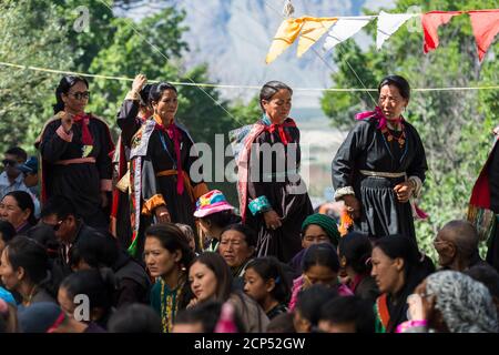 the Nubra Valley with the village of Sumur, the Dalai Lama visiting the Samtanling Gompa monastery Stock Photo