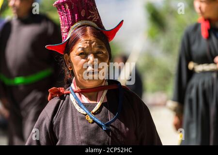 the Nubra Valley with the village of Sumur, the Dalai Lama visiting the Samtanling Gompa monastery Stock Photo