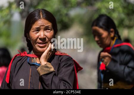 the Nubra Valley with the village of Sumur, the Dalai Lama visiting the Samtanling Gompa monastery Stock Photo