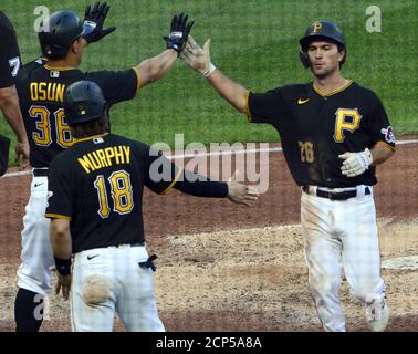 Pittsburgh Pirates center fielder Andrew McCutchen catches a pop-up from  New York Mets Daniel Murphy in the first inning of the New York Mets 5-3  win at PNC Park in Pittsburgh, on