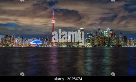 Night view of Toronto skyline and Lake Ontario, Toronto, Ontario, Canada. Stock Photo