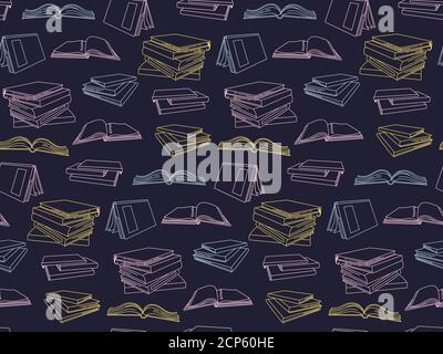 Seamless pattern stack of open books. Monochrome outline texture. Opened books cartoon. Objects drawing for school, college, study. Vector illustration Stock Vector