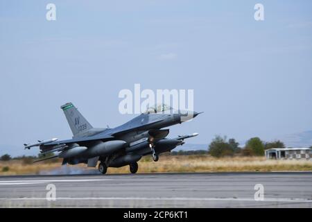 A U.S. Air Force F-16 Fighting Falcon assigned to the 555th Fighter Squadron, Aviano Air Base, Italy, lands on Graf Ignatievo Air Base, Bulgaria, during exercise Thracian Viper 20, Sept. 18, 2020. Thracian Viper 20 is a multilateral training exercise with the Bulgarian air force, aimed to increase operational capacity, capability and interoperability with Bulgaria. (U.S. Air Force photo by Airman 1st Class Ericka A. Woolever) Stock Photo